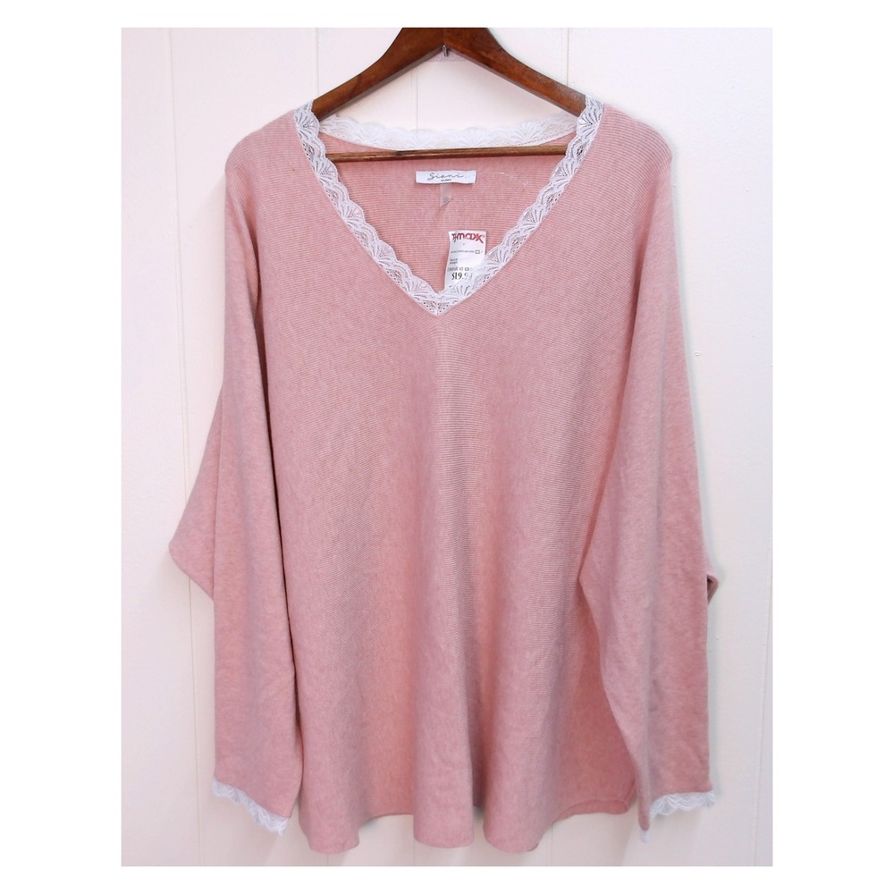 Sioni Milano Women's 3X Pink Lace Trim V-Neck Knit Top Blouse Sweater /‎ #8062